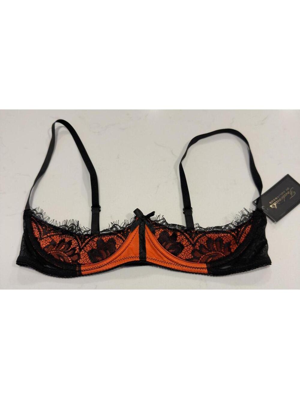 Fredericks Of Hollywood Lux Lace Orange Satin Black Lace Open Bra Size 14